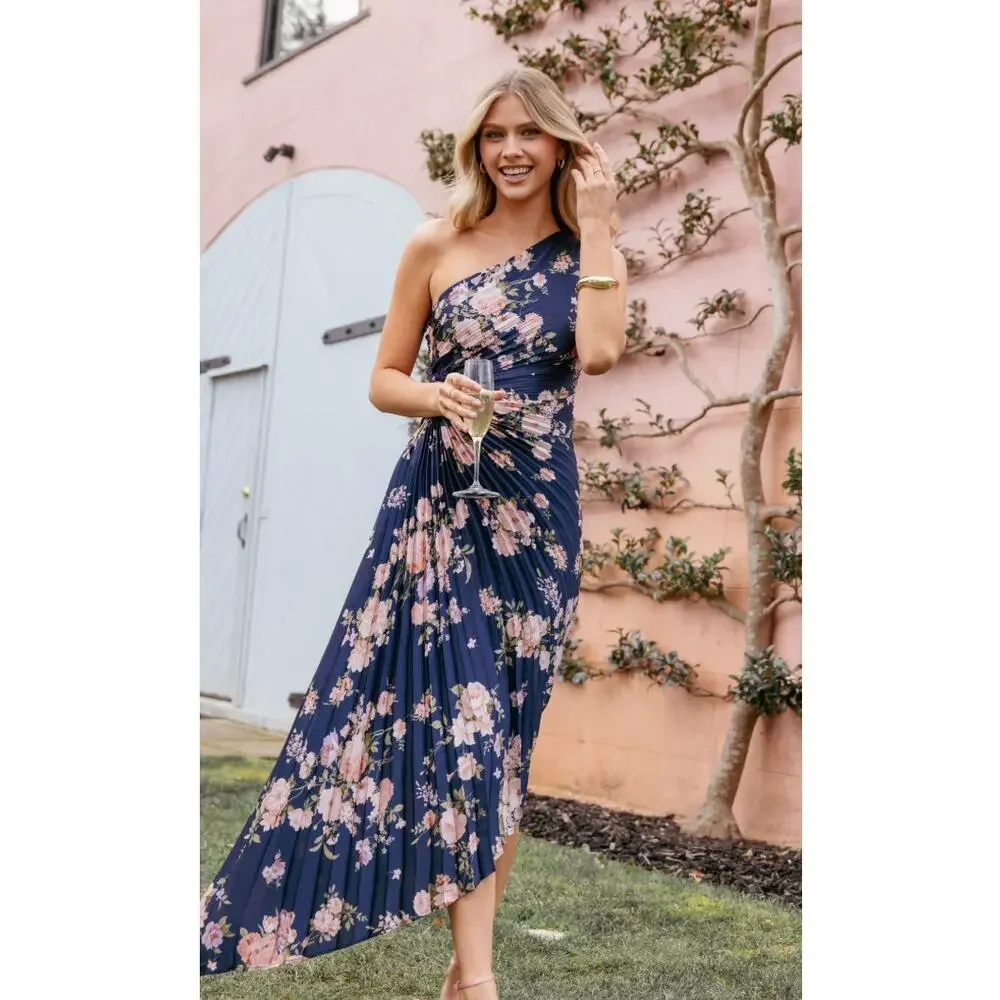 Petal & Pup Pleated Navy Floral One Shoulder Kleo Maxi Dress Size S - Picture 9 of 14